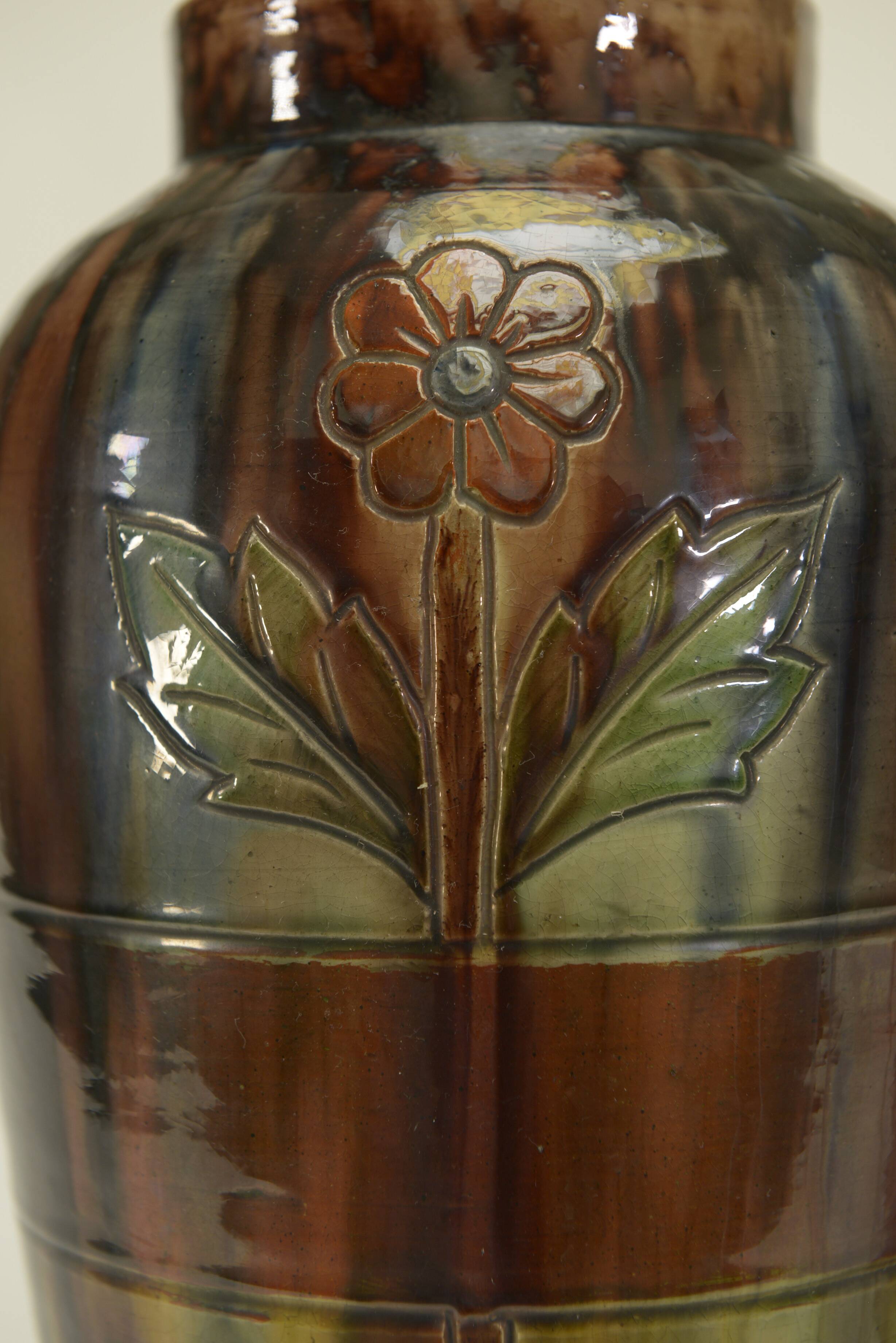 Pair of barbotine vases from the early 20th century stamped BELGIUM 158