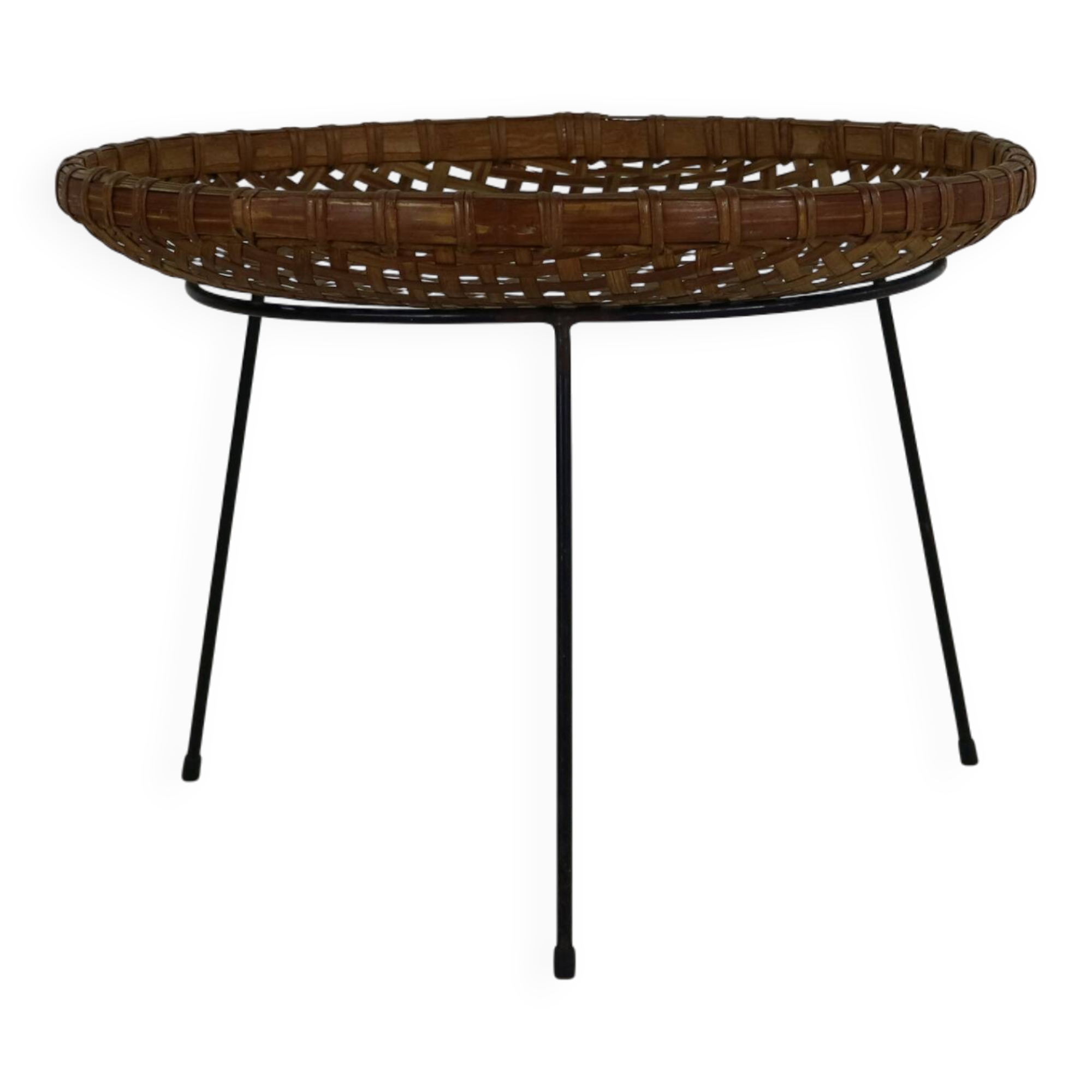 Dutch design rattan / rush tripod magazine side table