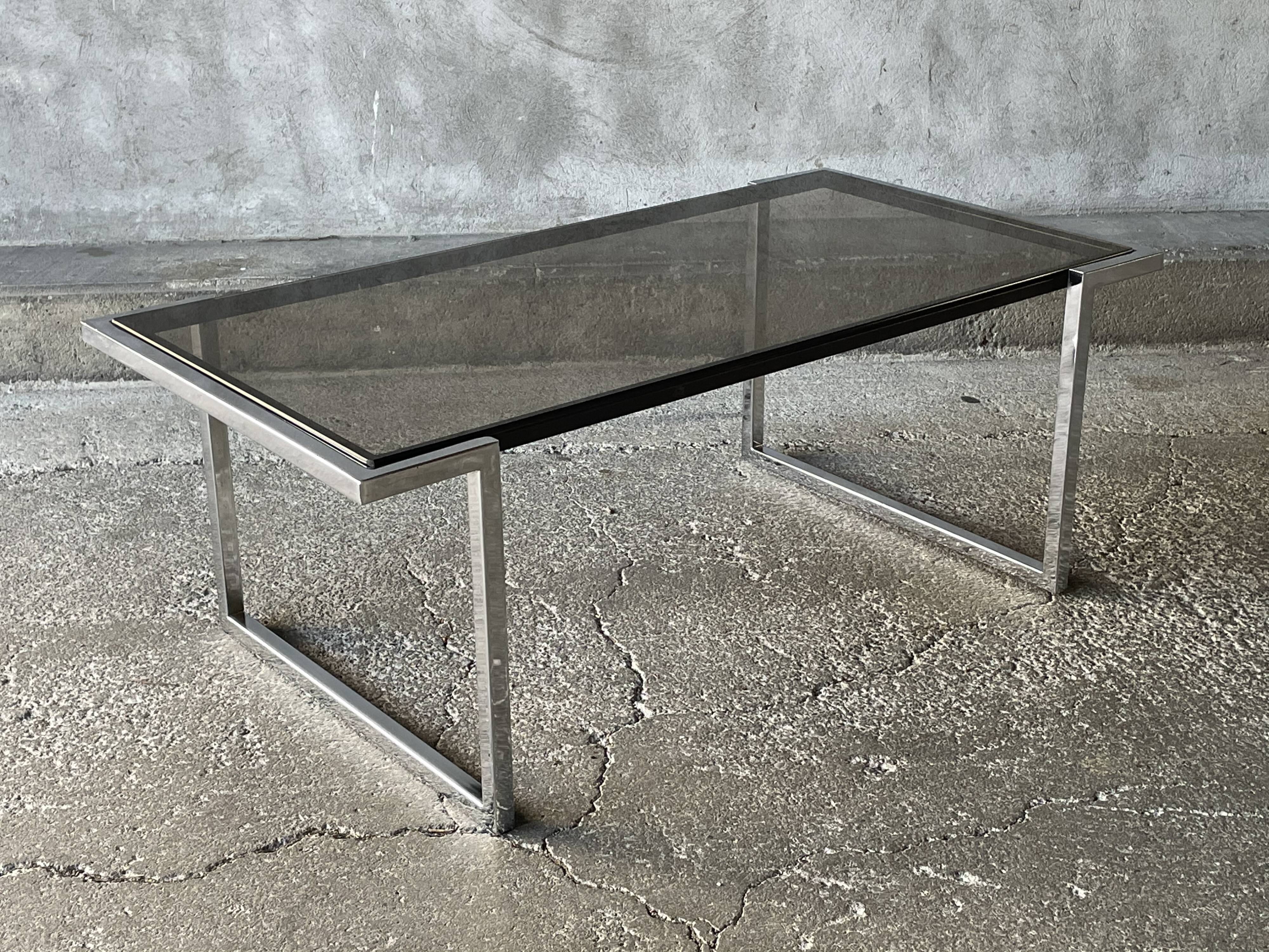 Coffee table in chromed metal and smoked glass, 1970s
