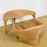 Lotus meditation chair and rattan table, 1960s