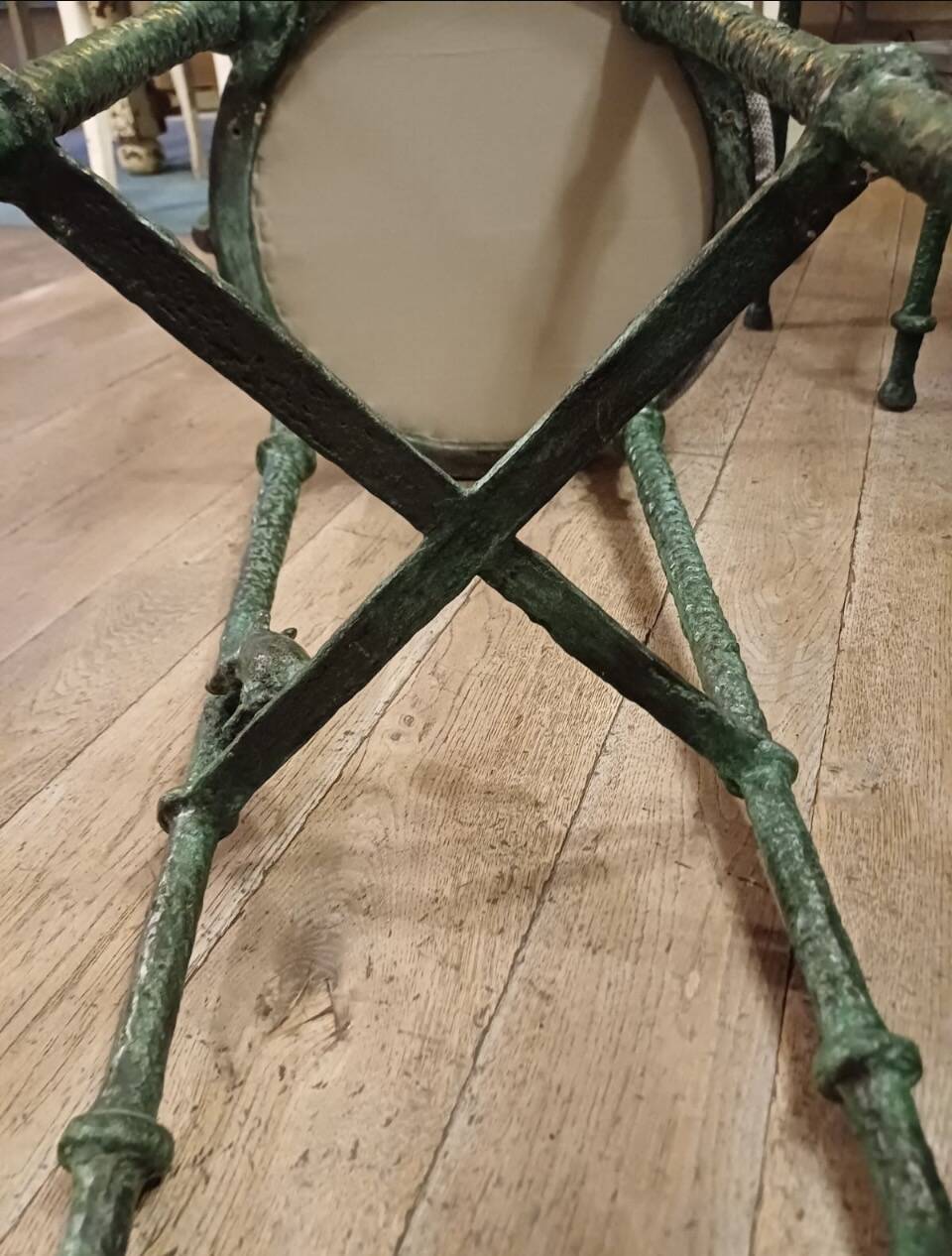 Pair of patinated bronze stools in the spirit of Giacometti.