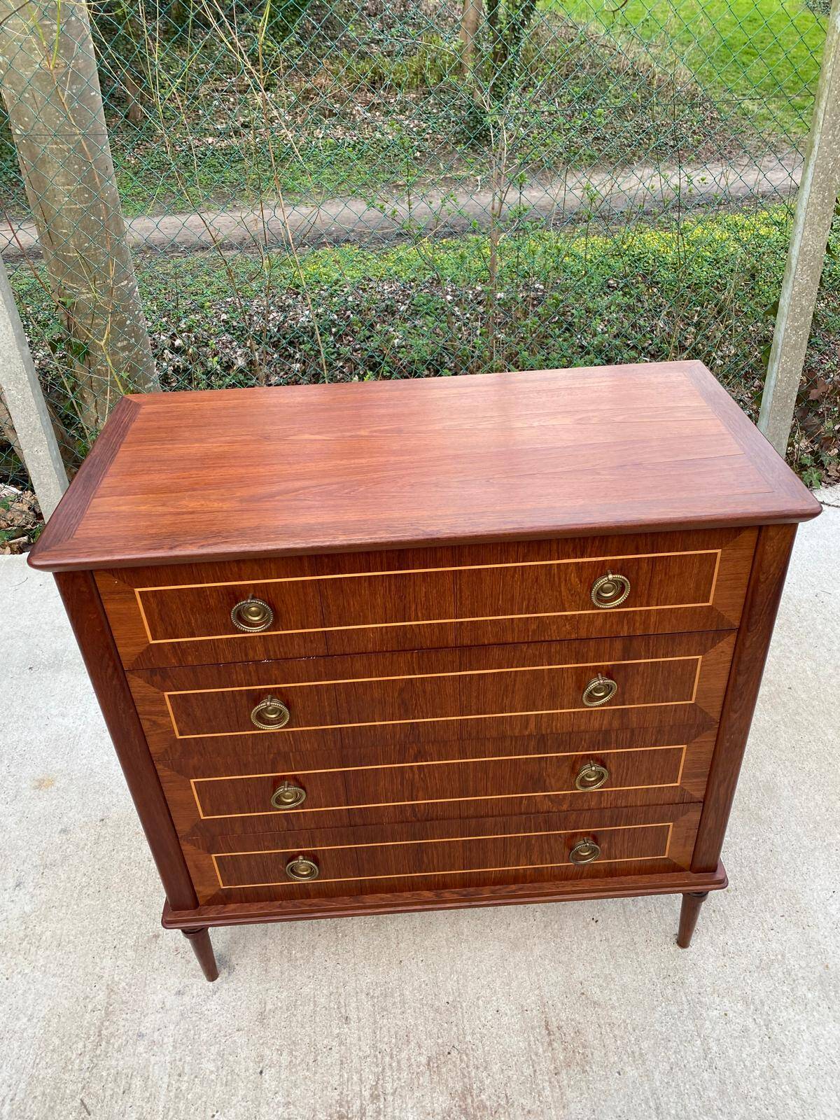 Louis XVI Empire style chest of drawers in solid teak wood with 4 drawers