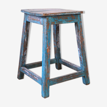 Tabouret d'atelier en teck birman patine bleue d'origine