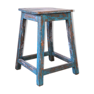 Tabouret d'atelier en teck birman patine bleue d'origine