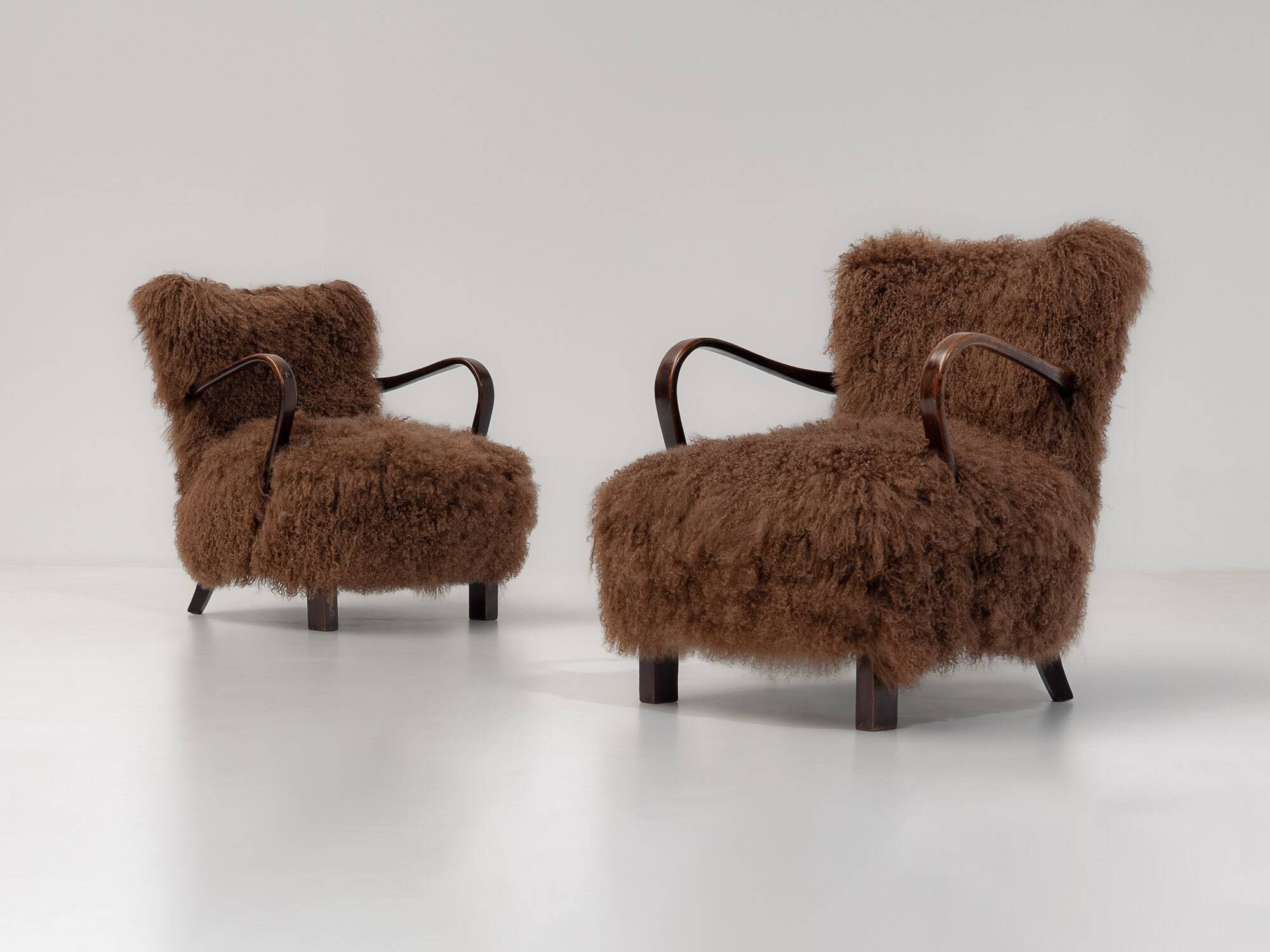 Caramel Scandinavian Art Deco Armchairs in Mongolian Sheepskin, 1950s