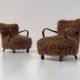 Caramel Scandinavian Art Deco Armchairs in Mongolian Sheepskin, 1950s