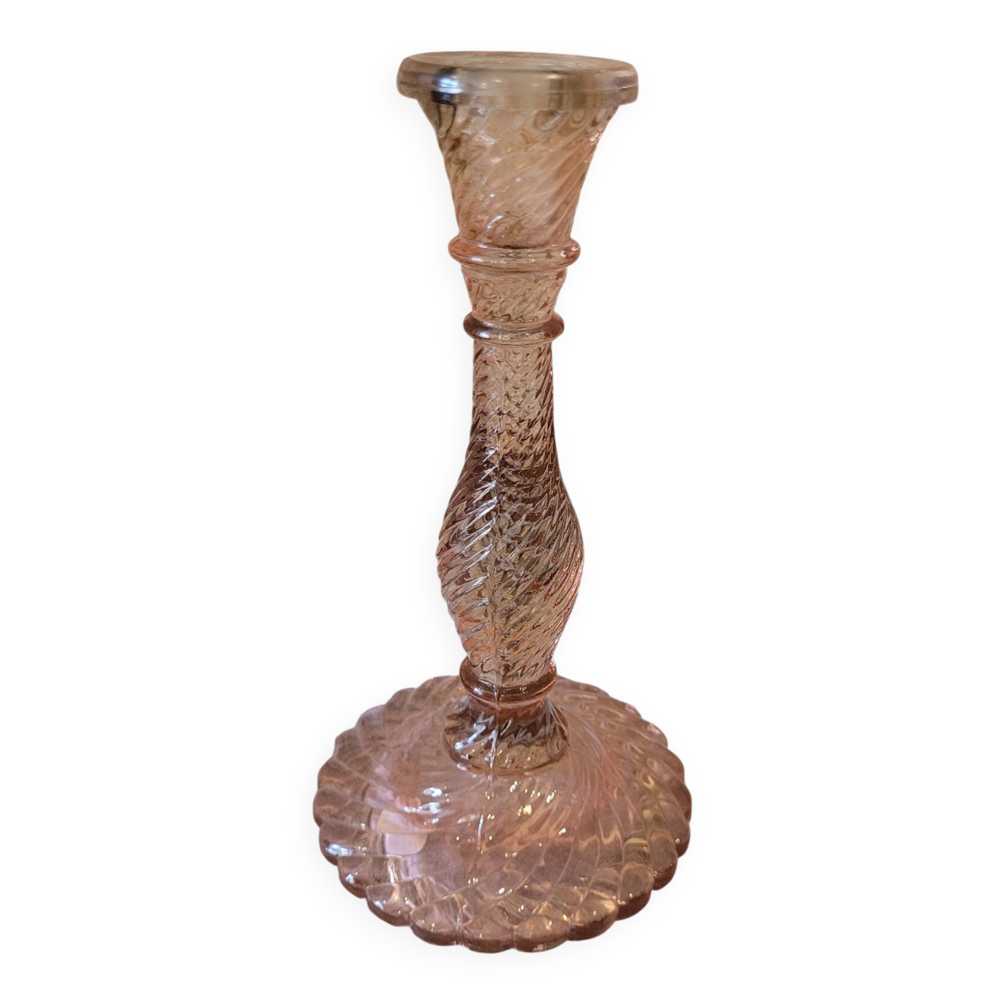 Bougeoir ancien en verre rose torsadé – vintage