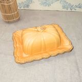 Antique yellow ceramic butter dish with bee decor, vintage Provençal style