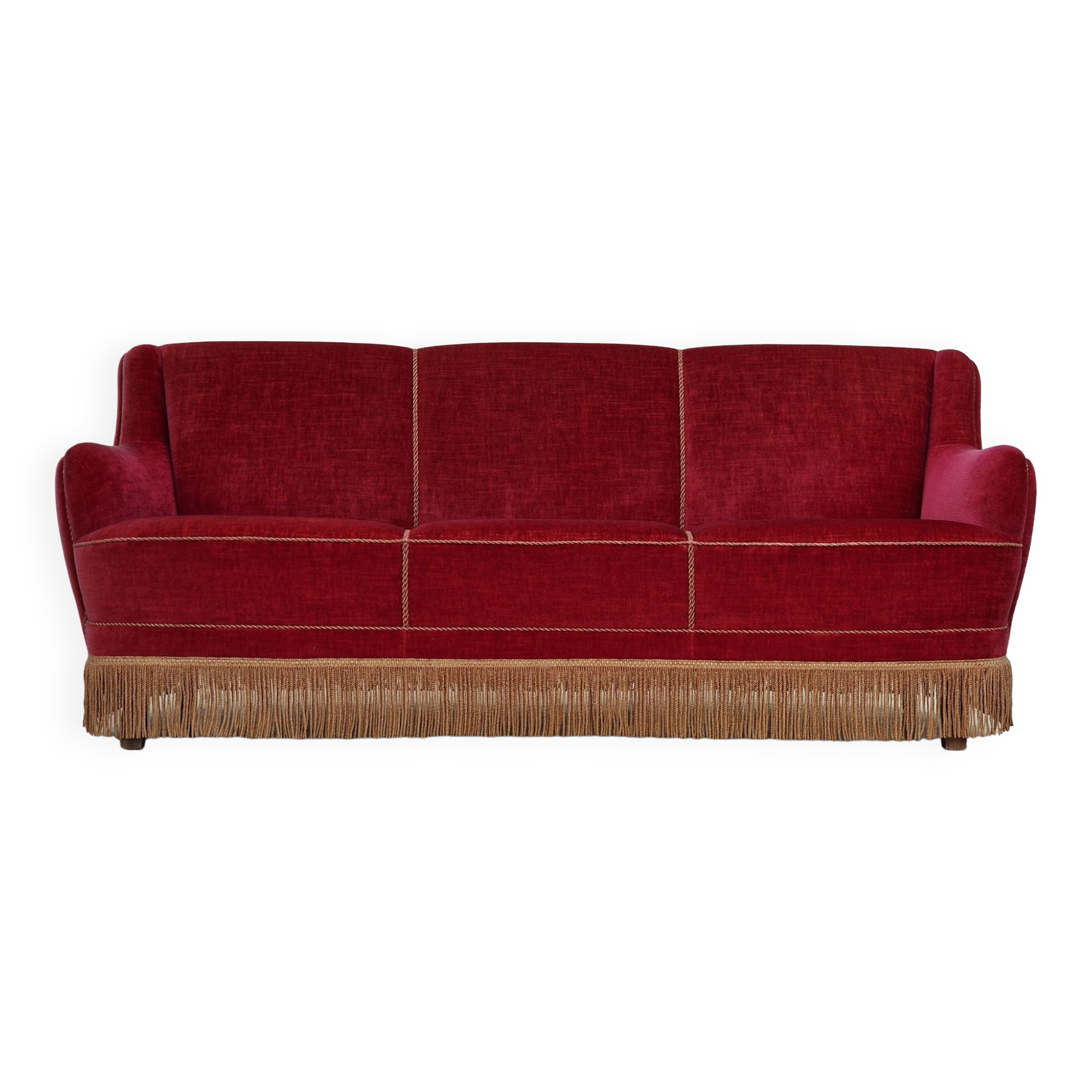 1970s, Danish vintage 2 seater "Banana" sofa, cherry-red velour, original very good condition.