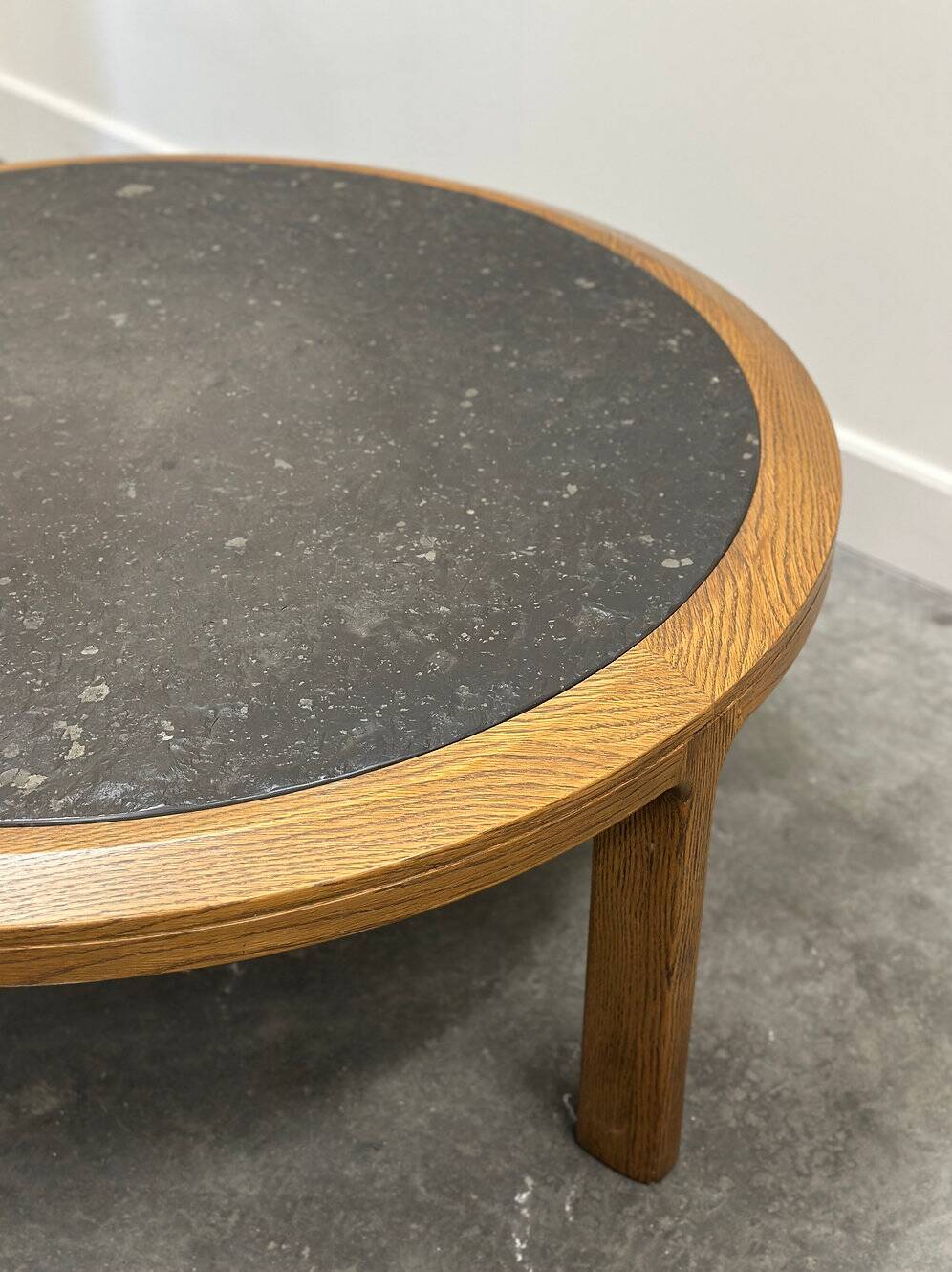 Vintage round textured slate and solid oak coffee table, France, 1970s