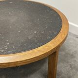 Vintage round textured slate and solid oak coffee table, France, 1970s