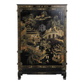 Chinese cabinet in black lacquer, decorated with a golden and polychrome landscape – H150
