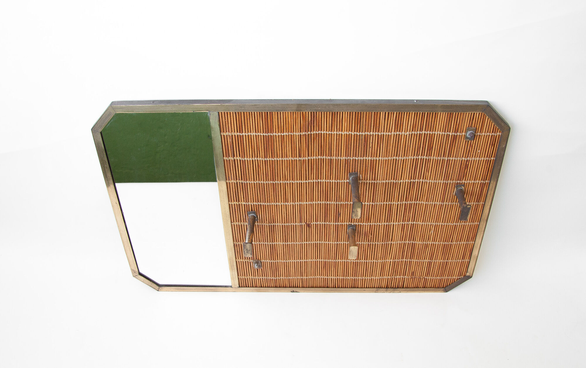 Vintage wicker coat rack with mirror and brass hooks