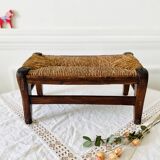 Small bench stool footrest in wood and vintage straw