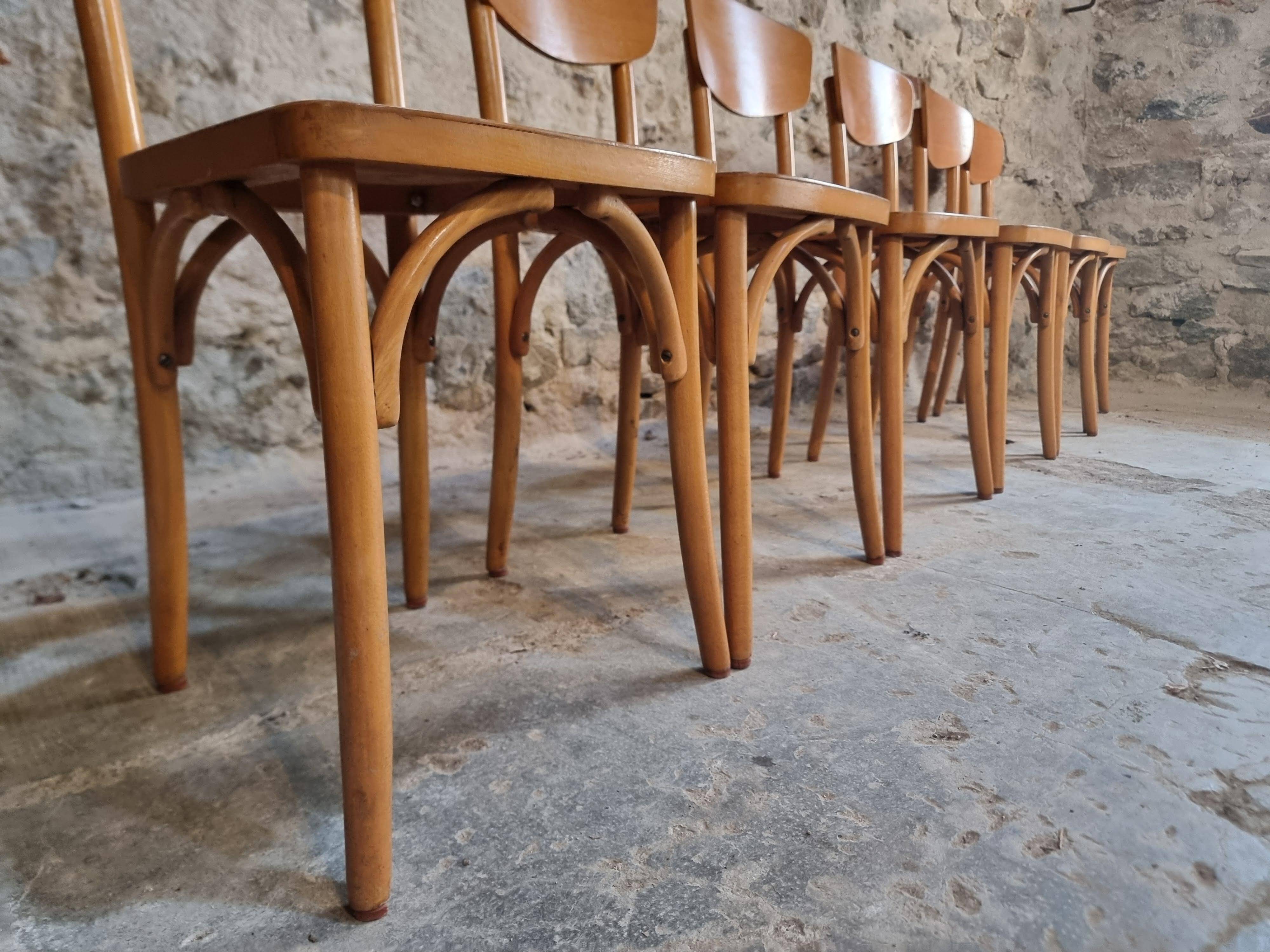 Ensemble de 6 chaises bistrot françaises vintage en bois courbé par Luterma, vers 1950–1970