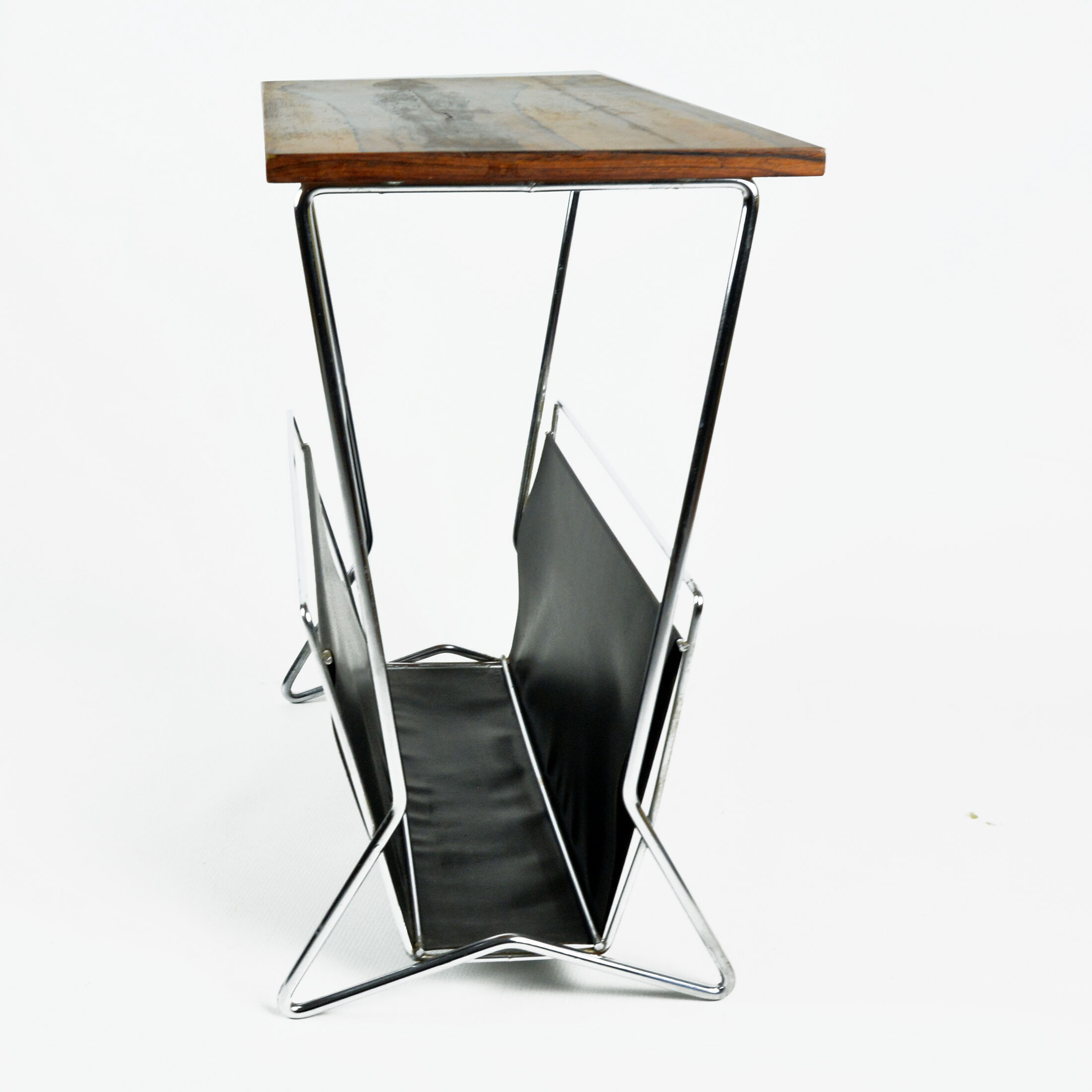 1970s modernist metal newspaper rack with a rosewood top, Sweden