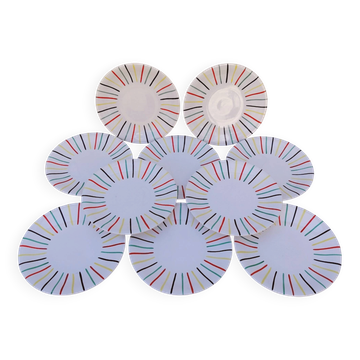 Set of 10 dessert plates with coloured stripes, Longchamp, vintage.