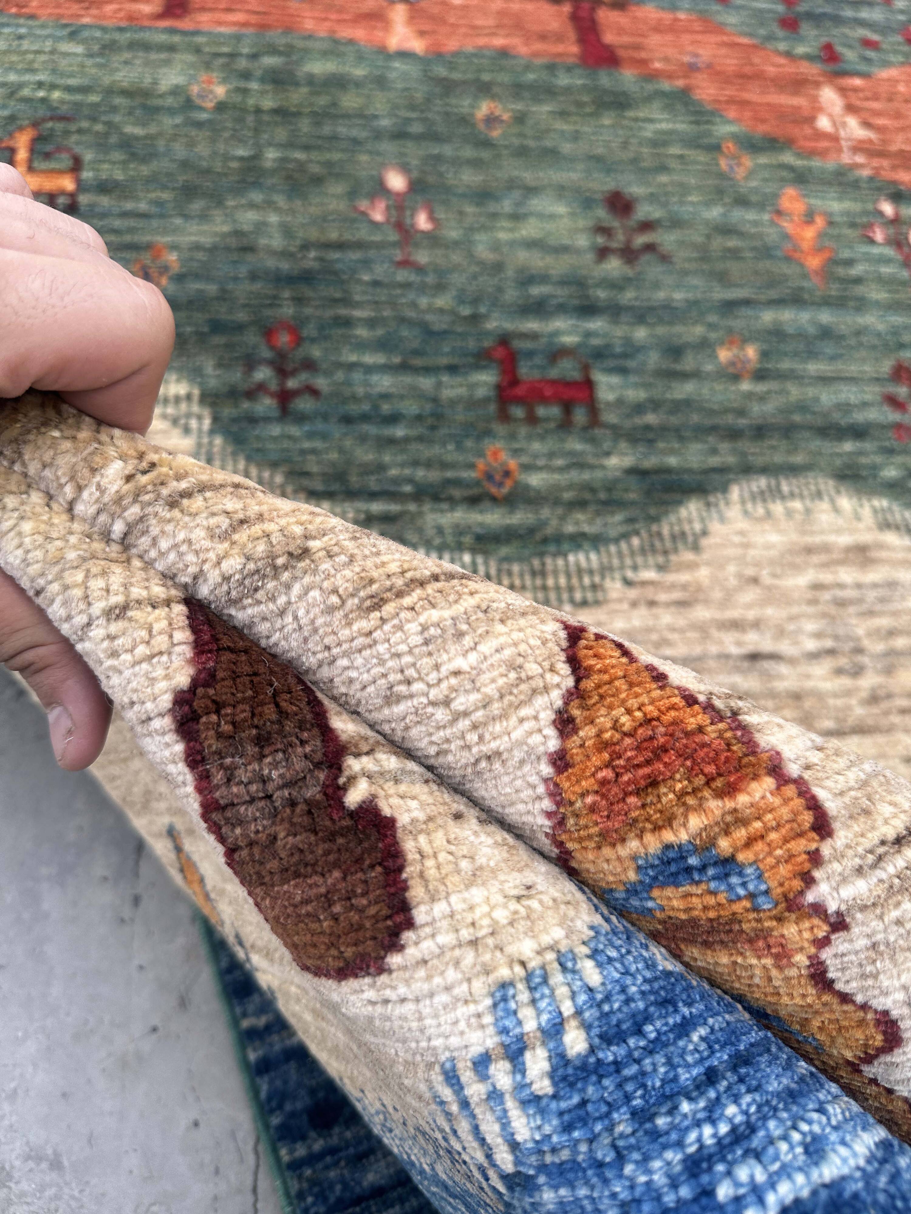 Gabbeh-Style Hand-Knotted Wool Rug with Abstract Landscape – 238×175 cm