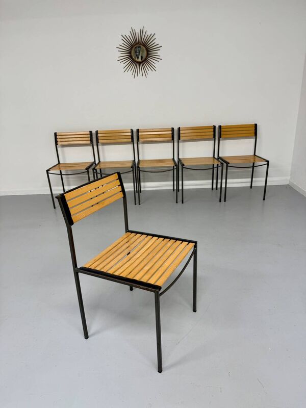 6 anciennes chaises en métal et bois design italien des années 80 vintage