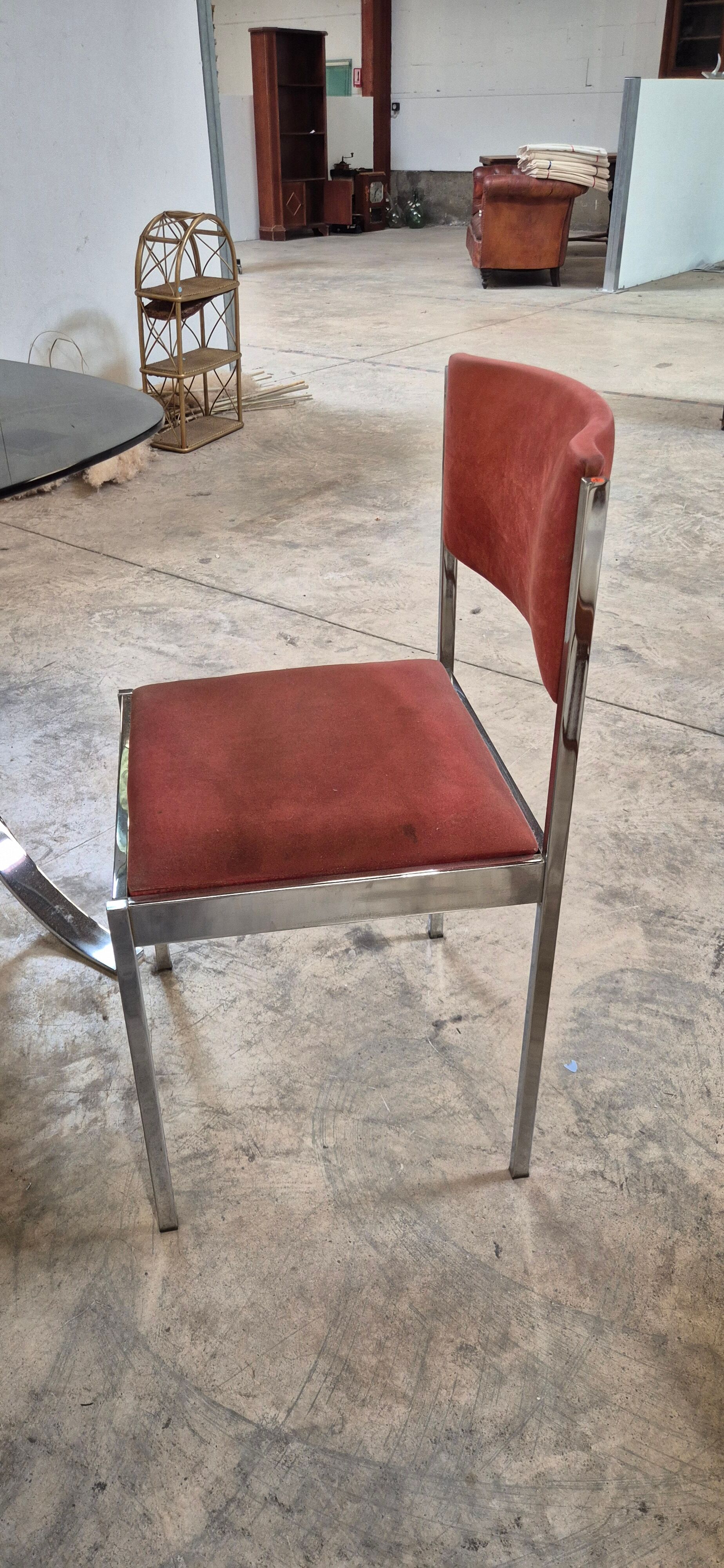 Dining room table + 4 stainless steel and smoked glass chairs 1970
