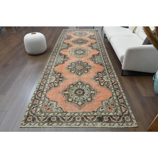 1970s Vintage Turkish Hand-Knotted Wool Cotton Orange Area Rug 138x394