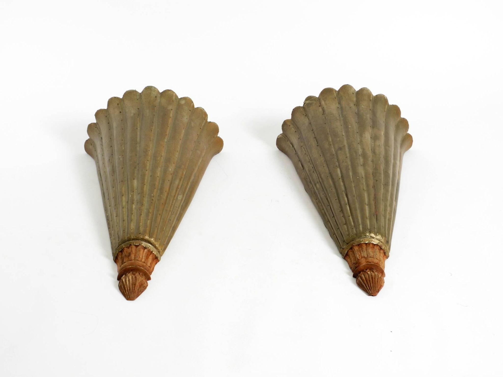 Two large, rare 1950s wall lamps made of wood with aluminum cladding