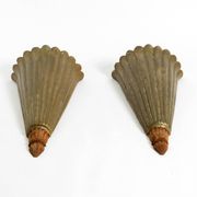 Two large, rare 1950s wall lamps made of wood with aluminum cladding