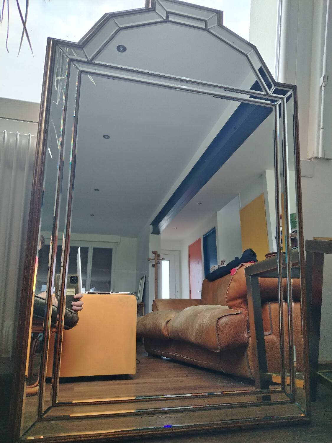 Large Wooden Mirror with Beveled Beads 1970s