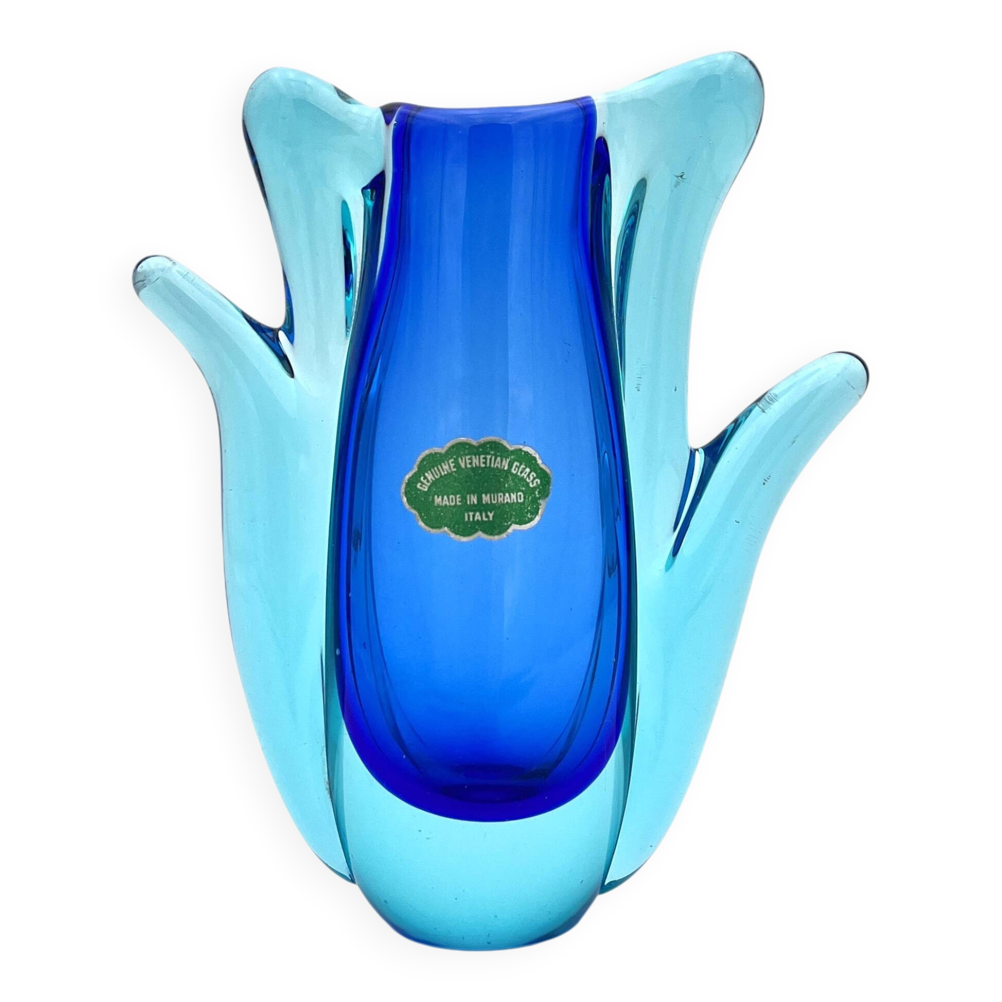 Vase Murano - Sommerso -Tulipe Organique - Bleu Cobalt et Lagon - 1960