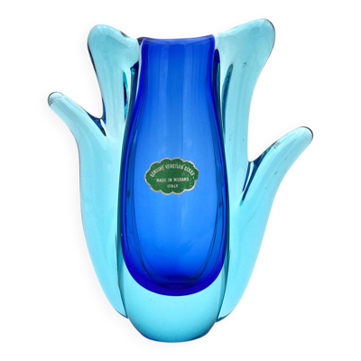 Vase Murano - Sommerso -Tulipe Organique - Bleu Cobalt et Lagon - 1960