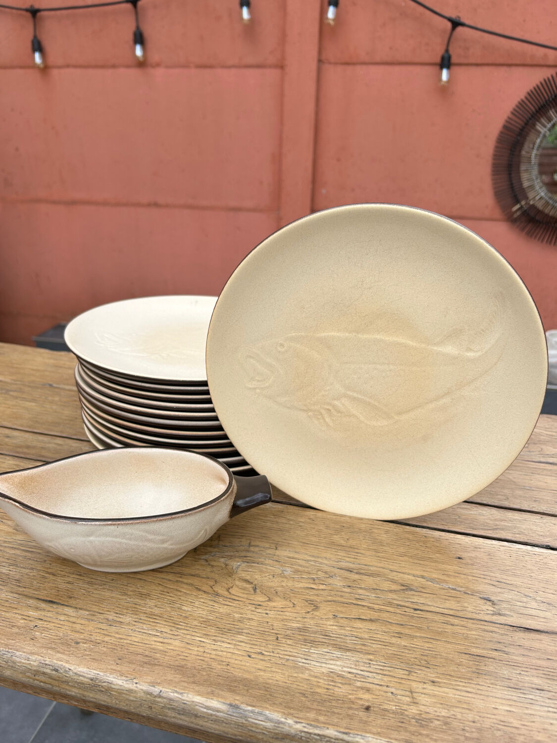 12 plates and stoneware saucière Fish