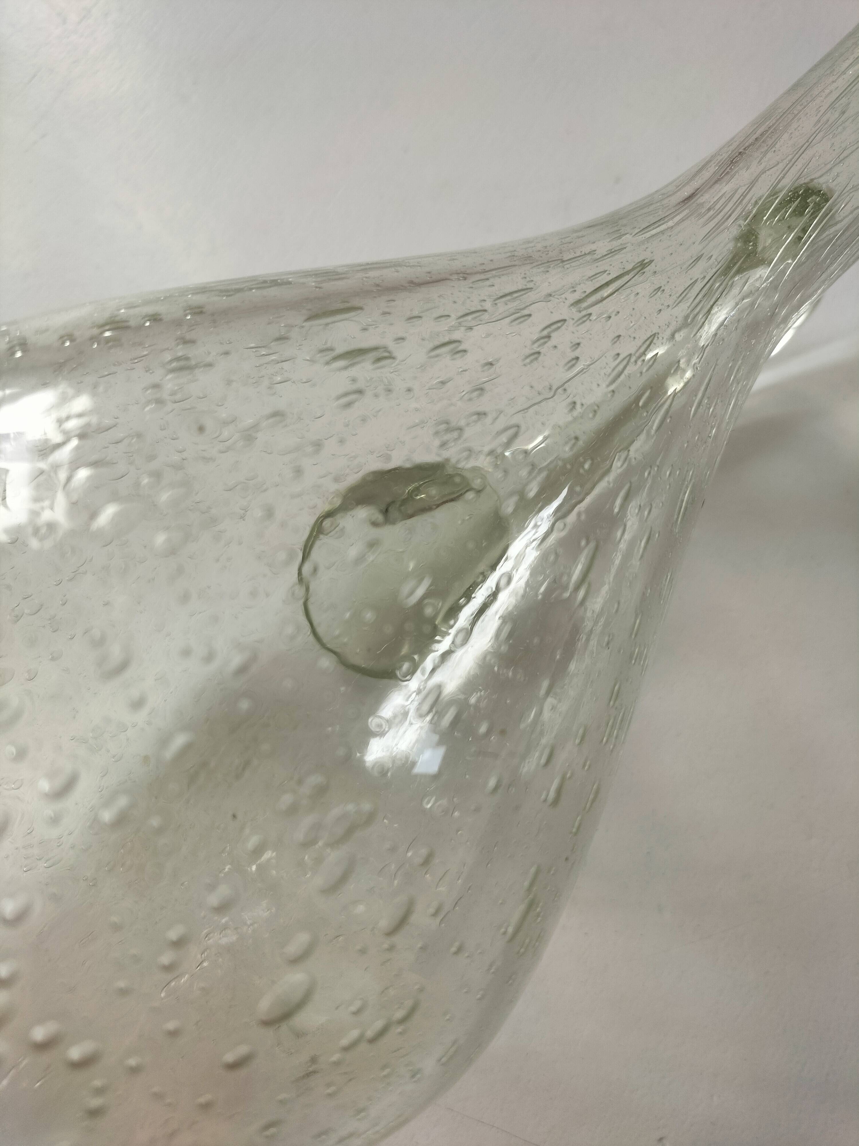 Bubble glass carafe bottle signed Biot in lime green colour.