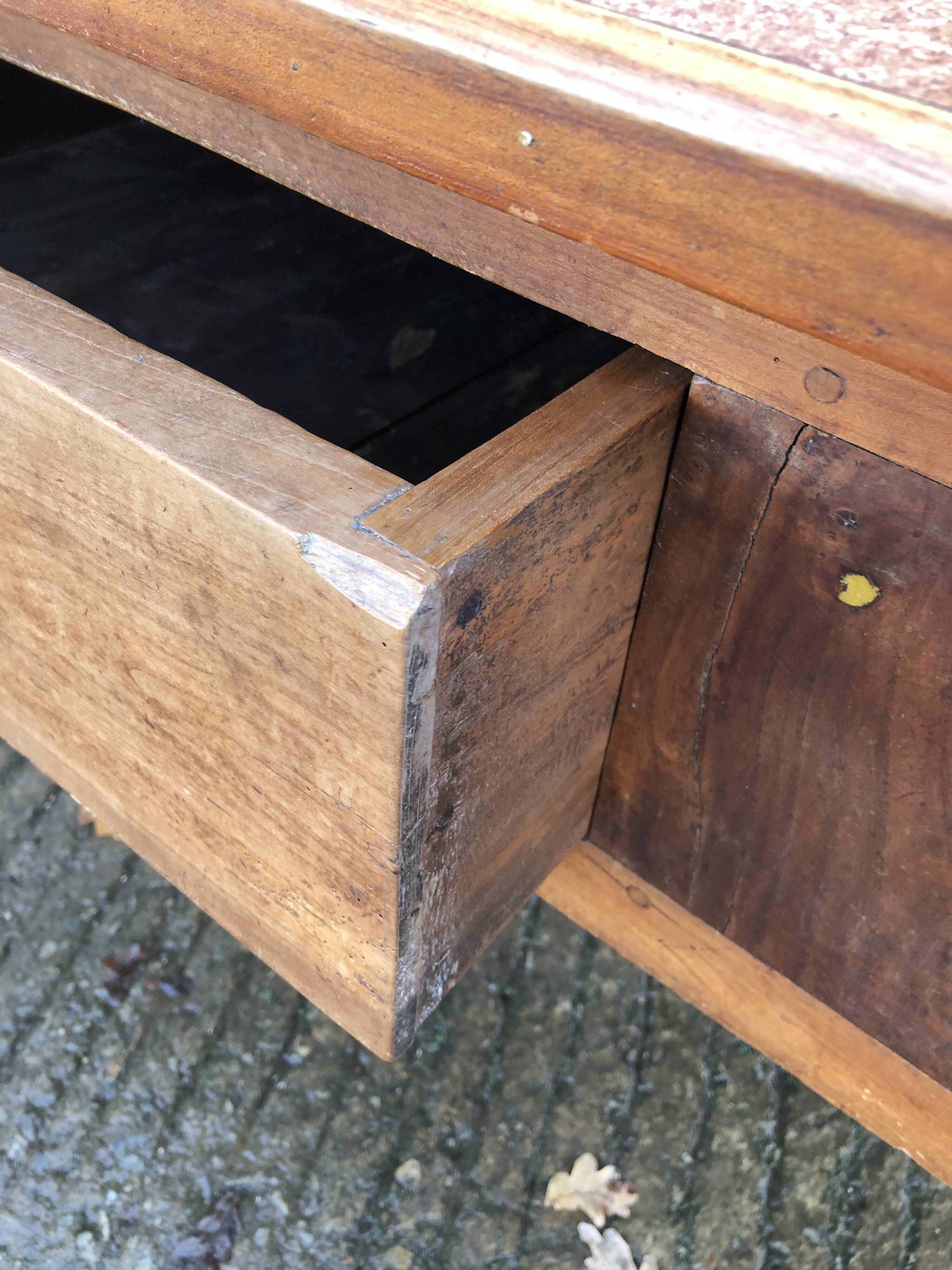 Solid cherry game table with 2 front drawers and panelled crosspieces.