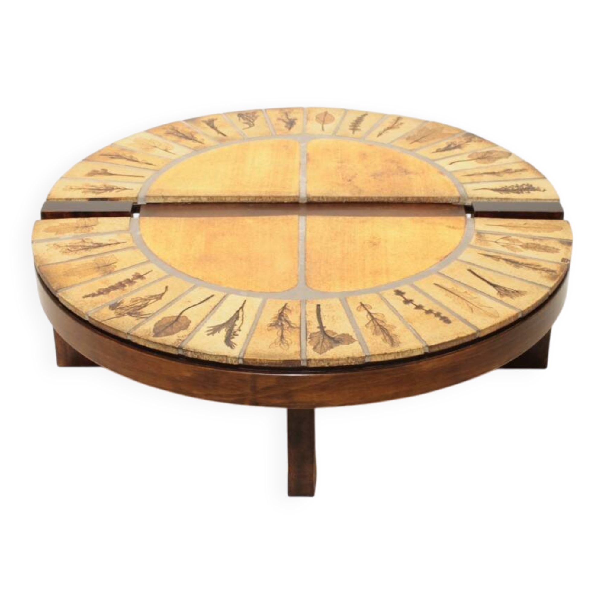 Round coffee table herbarium Roger Capron, Vallauris - ceramic and wooden structure