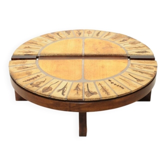 Round coffee table herbarium Roger Capron, Vallauris - ceramic and wooden structure