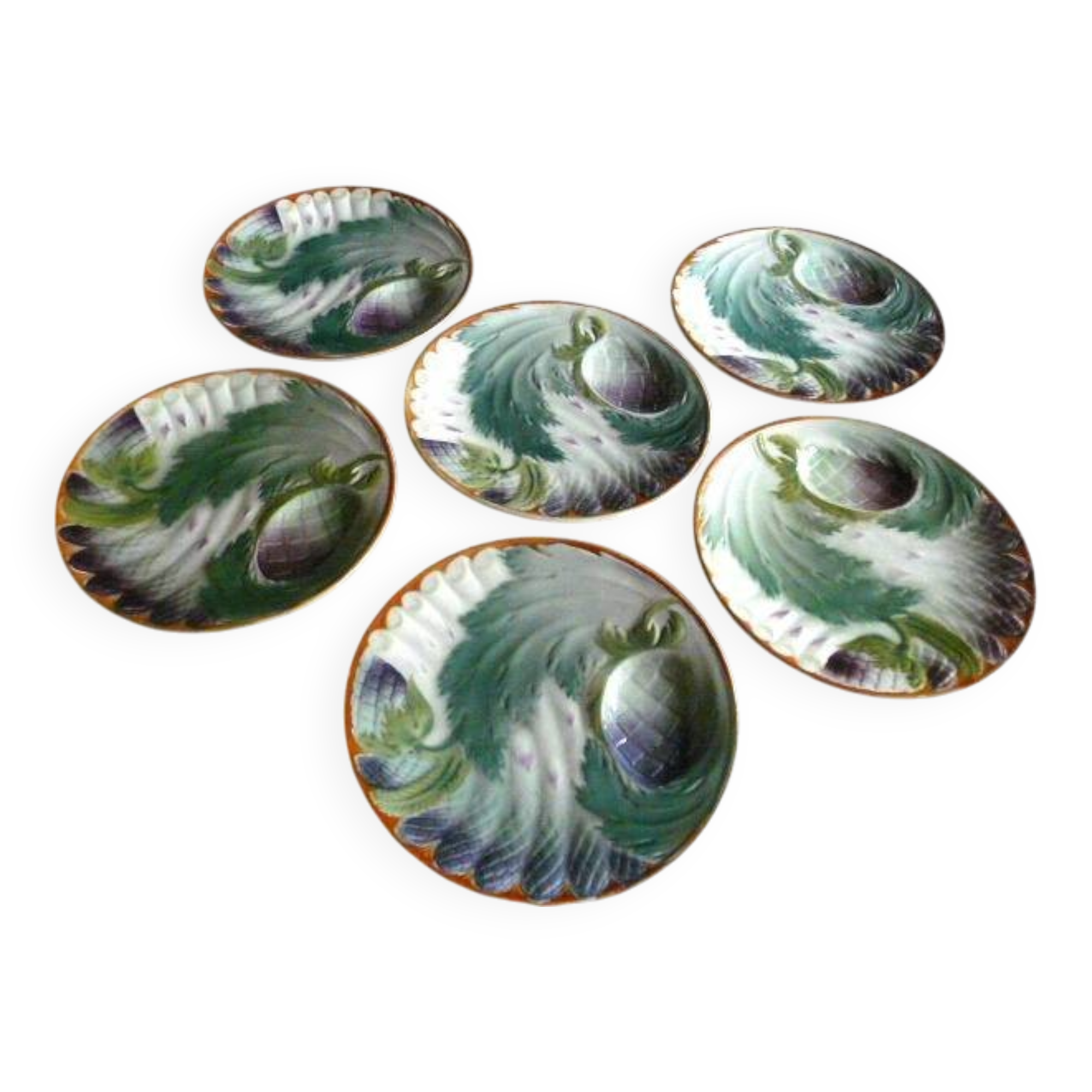 6 Antique plates in Saint Amand slip, ironstone, asparagus