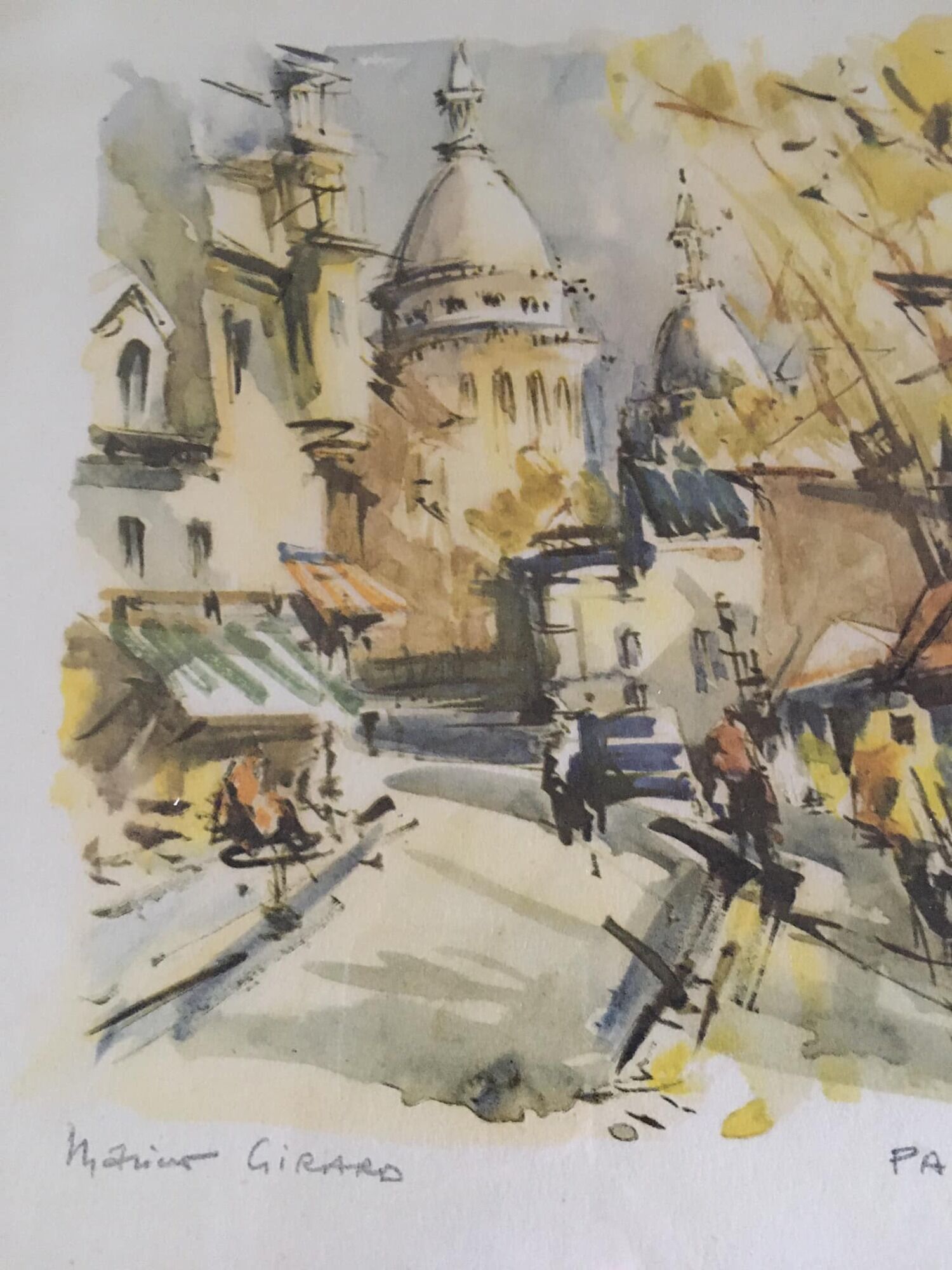 Watercolor on cream paper PARIS Place du Tertre Sacré Coeur. Work signed Marius GIRARD (1960s)