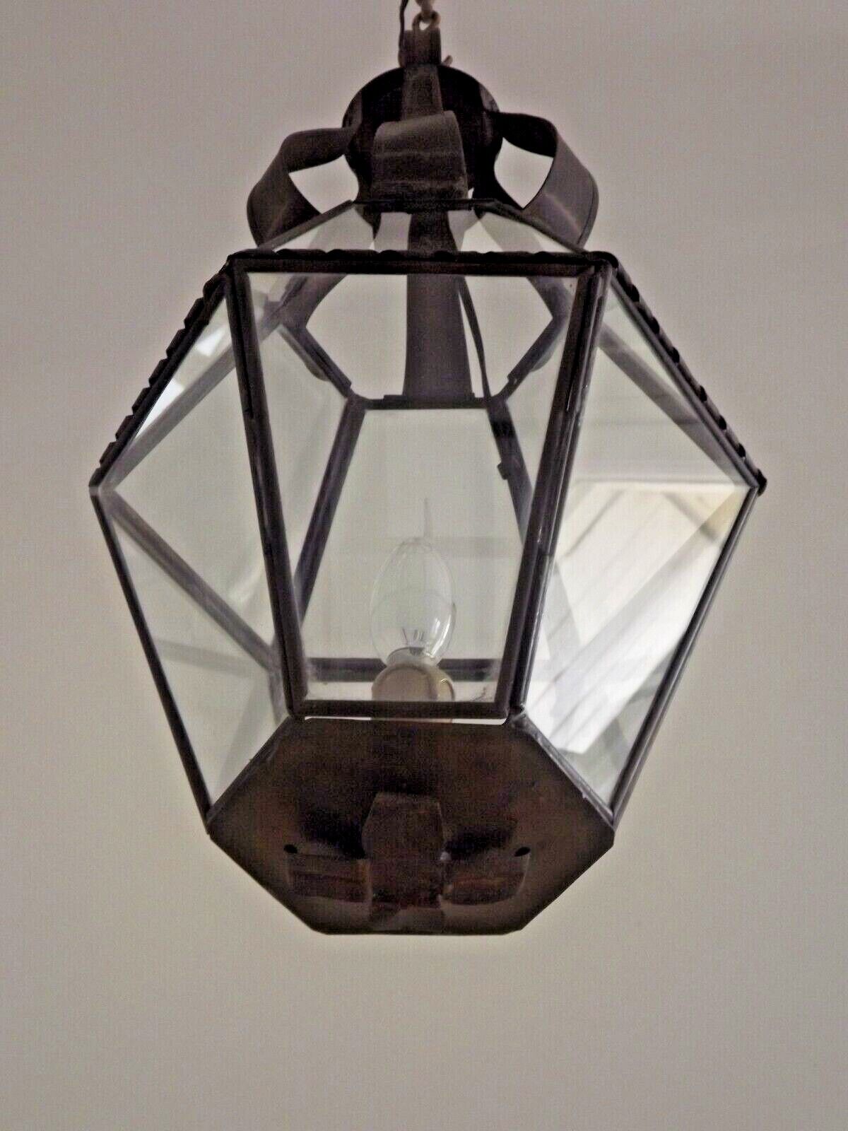 Hexagonal shaped copper and glass hanging lantern