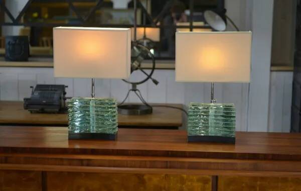 Pair of brutalist lamps in raw glass and beige shades, 1960s