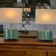 Pair of brutalist lamps in raw glass and beige shades, 1960s
