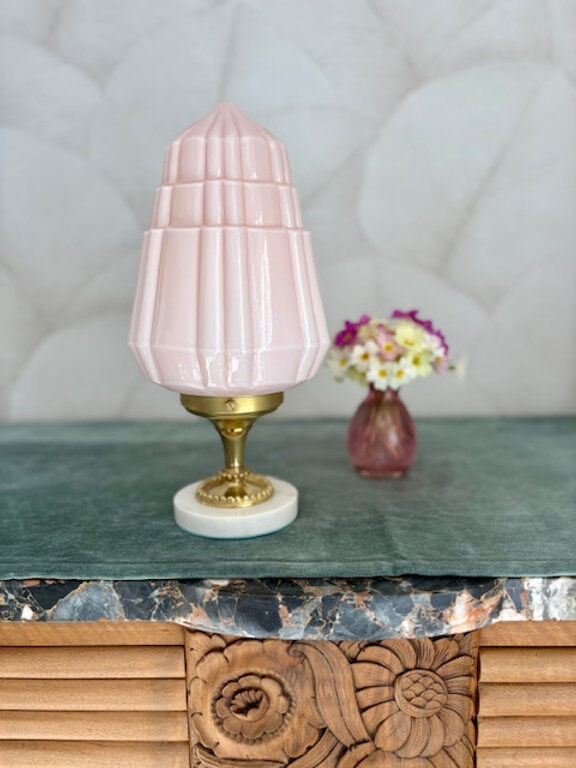 Art Deco lamp with pastel pink opaline globe.