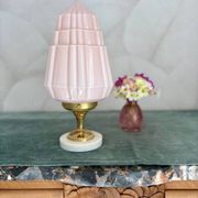 Art Deco lamp with pastel pink opaline globe.