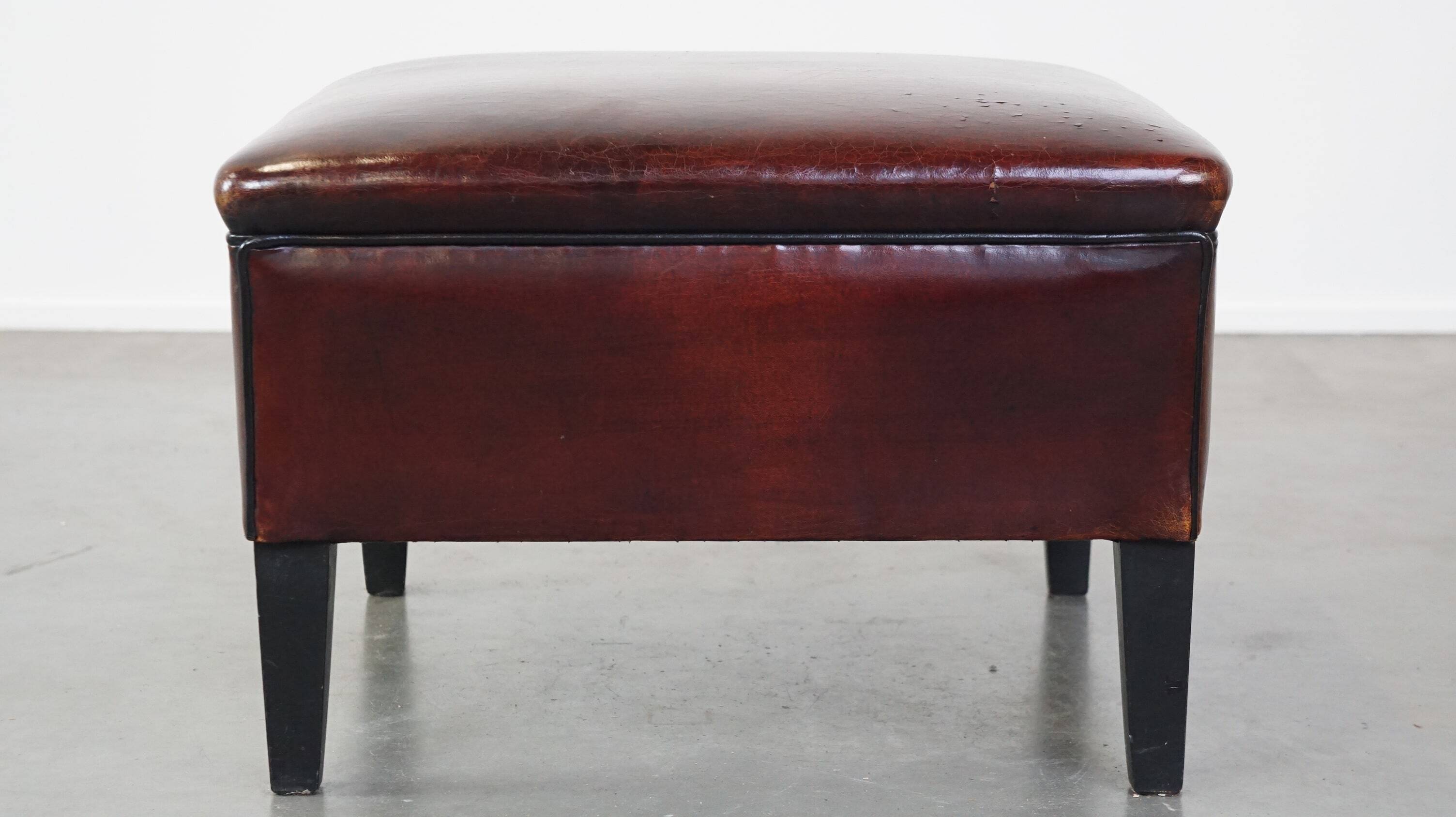 Large square sheepskin leather ottoman with a beautiful patina