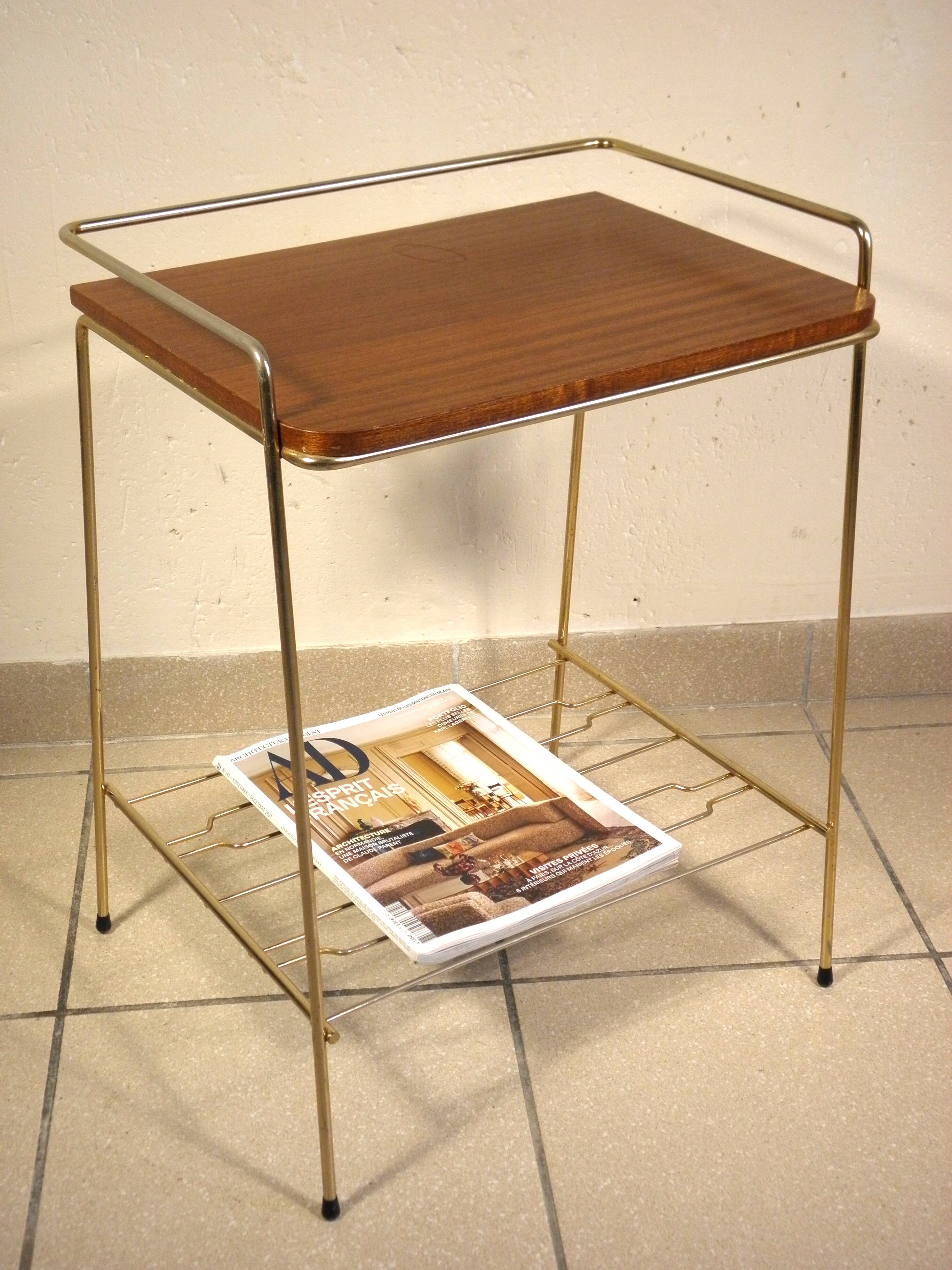 Side table - wooden and gold metal magazine rack