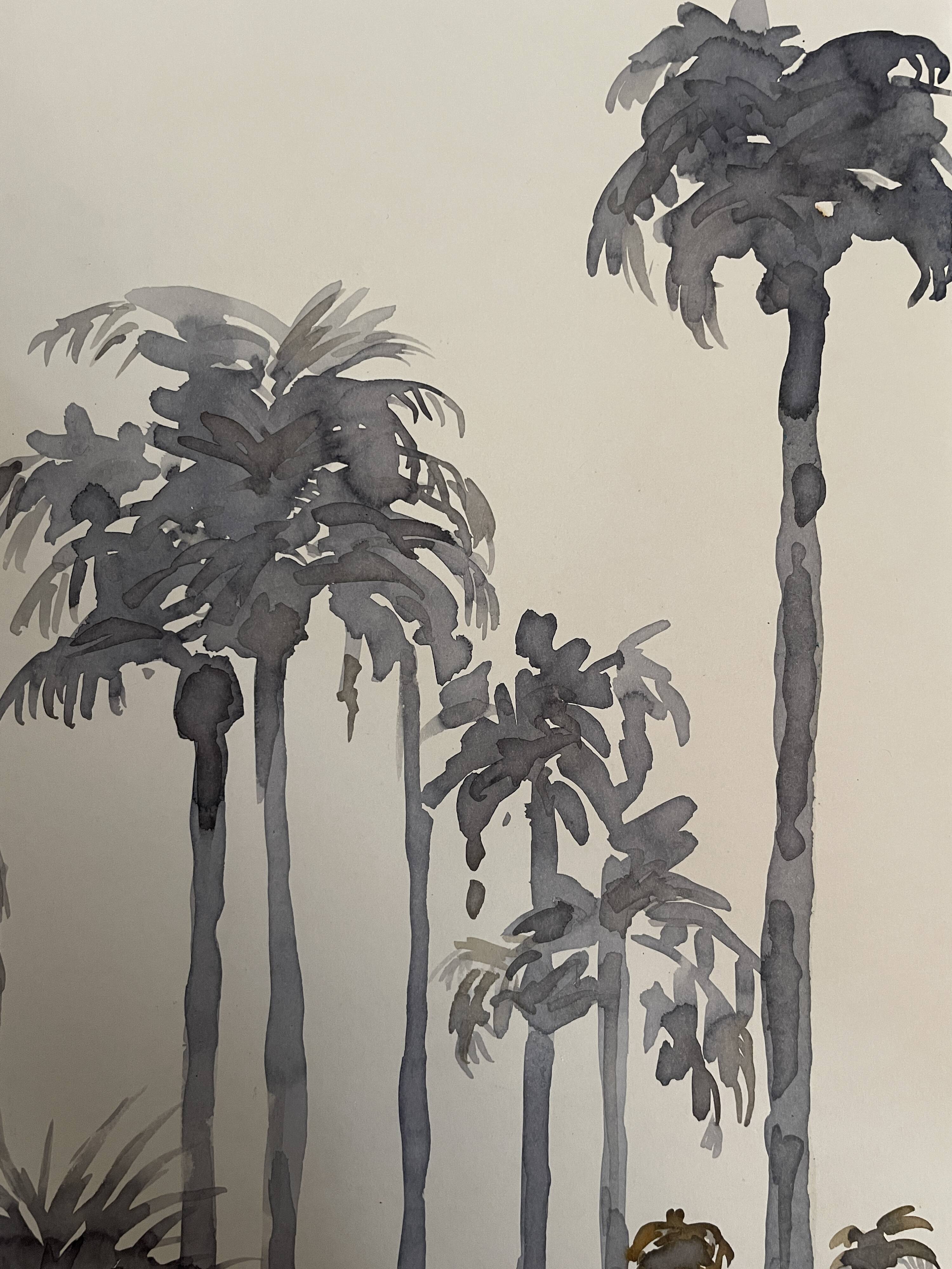 Signed monochrome watercolor painting “sunset over the palm trees”