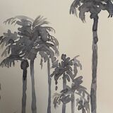 Signed monochrome watercolor painting “sunset over the palm trees”