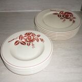 Lot de 6 assiettes creuses anciennes en faïence beige et rouge