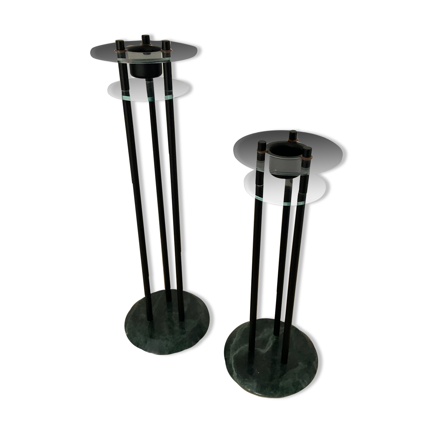 Duo of vintage candle holders in marble and plexiglass 70s-80s