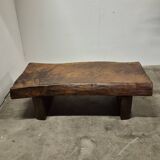 Rustic solid oak coffee table with a one piece top, France 1950s