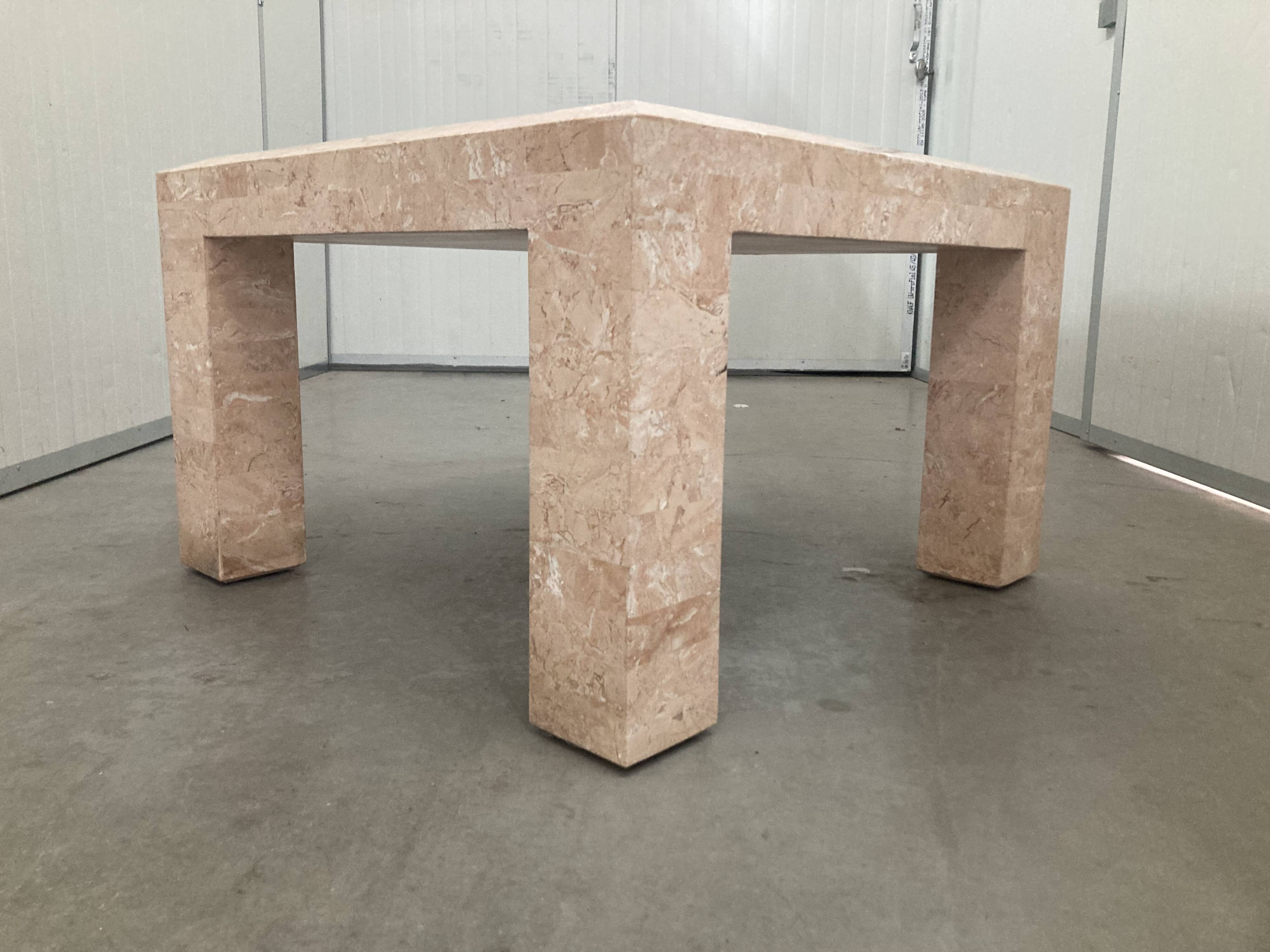 Marble mosaic coffee table '80, salmon and green with brass